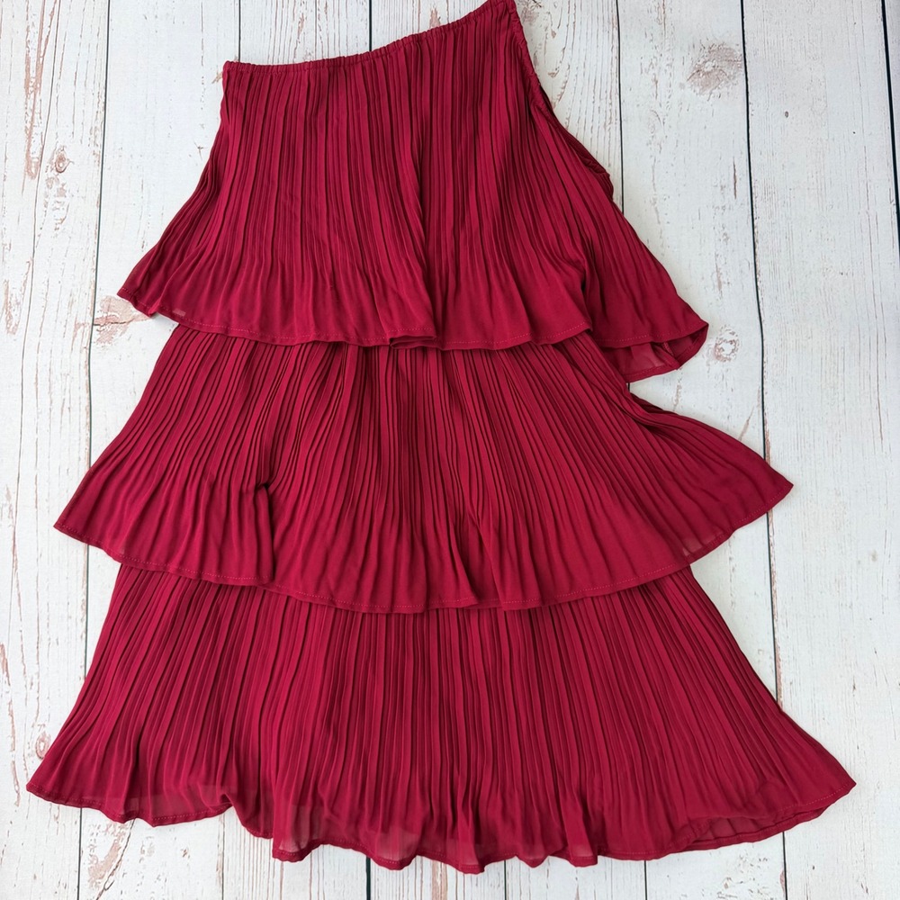 Zesica Wine Red One Shoulder Pleated Tiered Ruffle Mini Dress Small